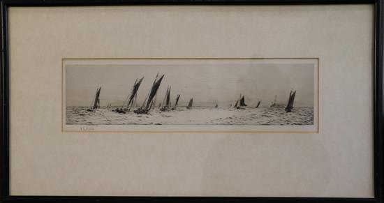 William Lionel Wyllie (1851-1931) Yacht racing off the coast 3.5 x 14in.